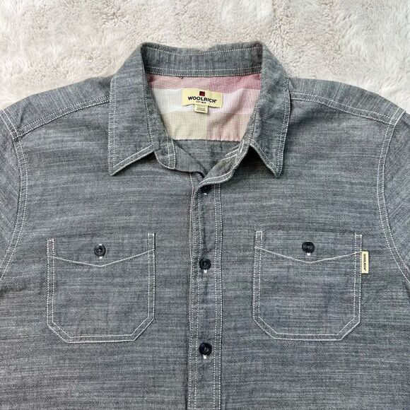 Woolrich Shirt Mens XL Button Up Pockets Textured Chambray Grey Short Sleeve - Picture 2 of 8
